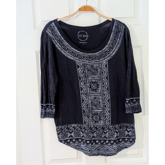 Lucky Brand Top Large Blue Silver Print Scoop Neck 3/4 Sleeve Blouse - Picture 1 of 9